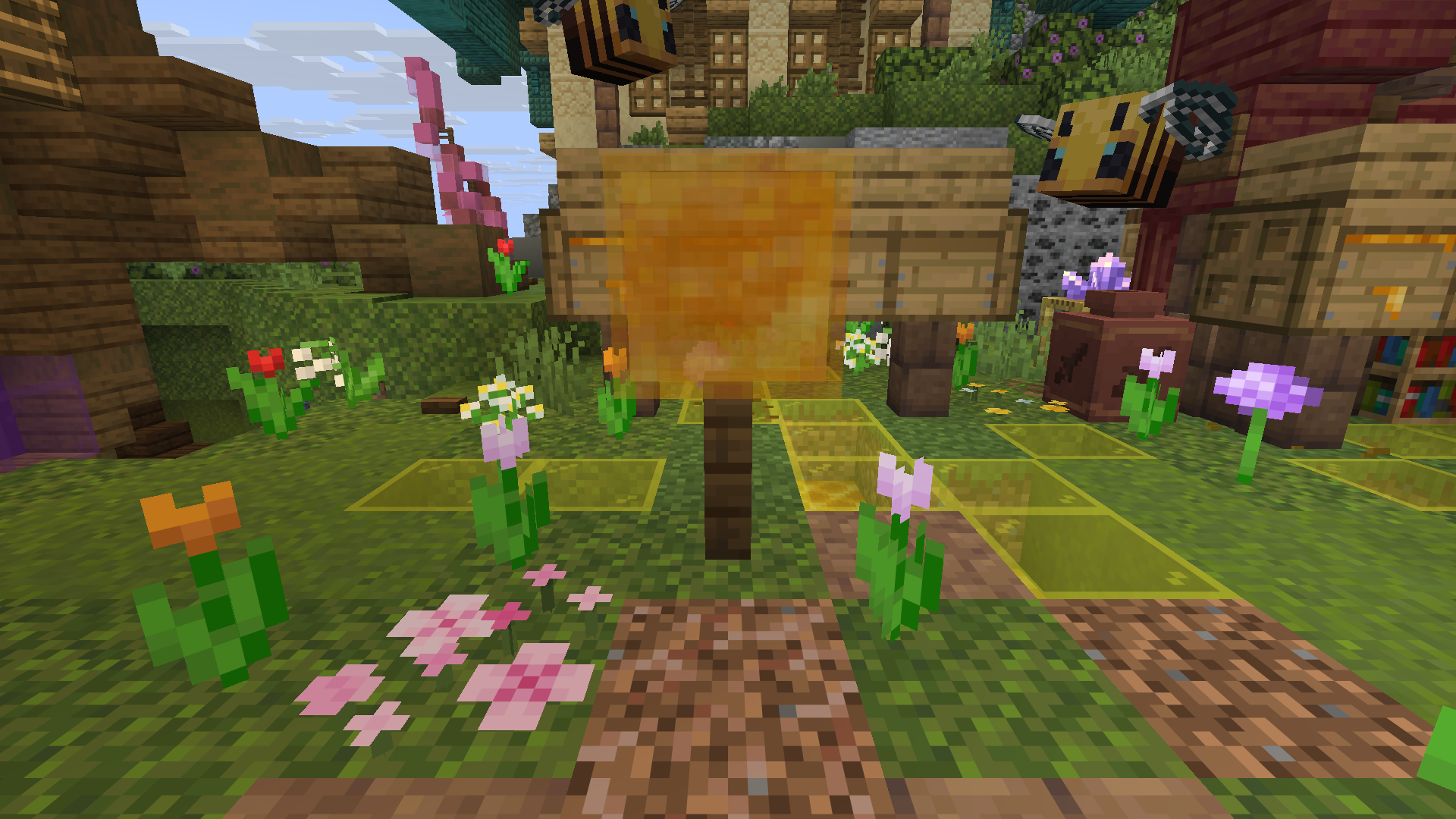 Der Honeyclicker am Survival-Spawn, umgeben von Bienen und Blumen