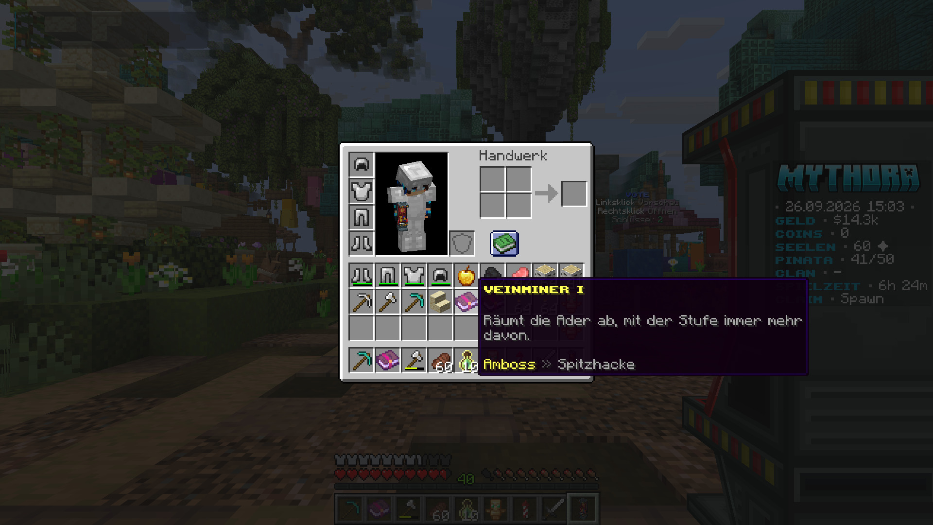 Veinminer-I-Buch mit Hinweis auf Amboss und Spitzhacke
